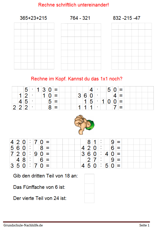 Arbeitsblatt Nachhilfe Mathe Klasse 3,4 Grundrechenarten